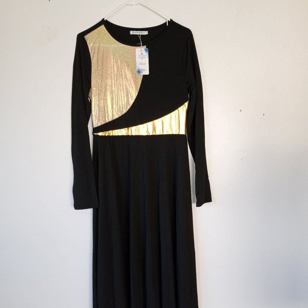 Brand New IBTOM CASTLE Sz Med Black Knit Long-sleeve Max Dress Metaillic Details